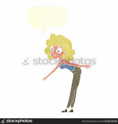 cartoon woman reaching to pick something up with speech bubble