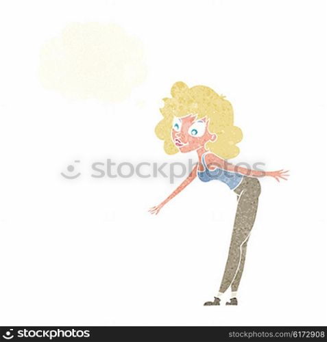 cartoon woman reaching to pick something up with thought bubble