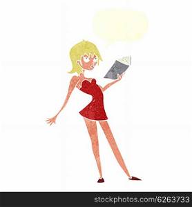 cartoon woman reading book with speech bubble