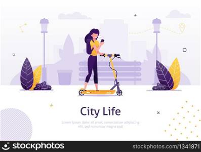 Cartoon Woman Riding Scooter Holding Mobile Phone Banner Vector Illustration. Girl with Smartphone on Vehicle. Online Ordering. Girl Moving around City. Hand Holding Gadget with Rental Application.. Cartoon Woman Riding Scooter Holding Mobile Phone.