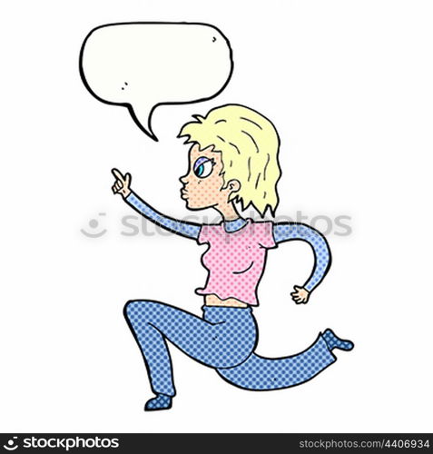 cartoon woman running and pointing with speech bubble