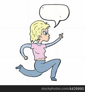 cartoon woman running and pointing with speech bubble