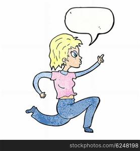 cartoon woman running and pointing with speech bubble