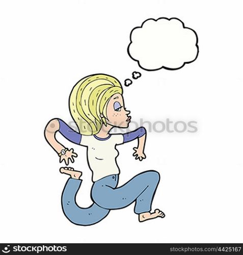 cartoon woman running with thought bubble
