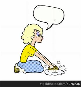 cartoon woman scrubbing floor with speech bubble