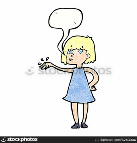 cartoon woman showing off engagement ring with speech bubble