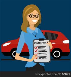 Cartoon woman shows car insurance blank,happy female holding document,modern red car on background,flat vector illustration. happy female holding document,modern red car on background