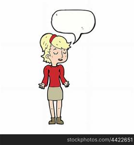 cartoon woman shrugging shoulders with speech bubble
