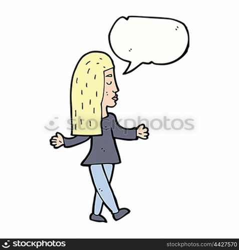 cartoon woman shrugging shoulders with speech bubble