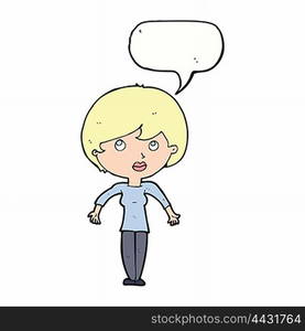 cartoon woman shrugging shoulders with speech bubble