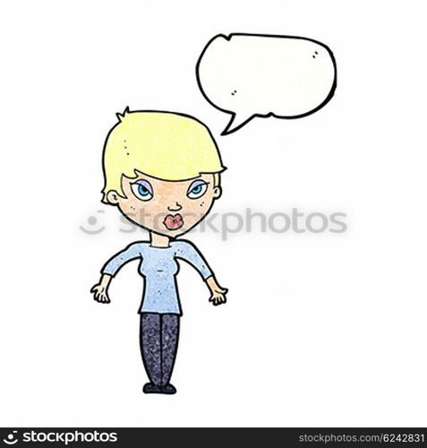 cartoon woman shrugging shoulders with speech bubble