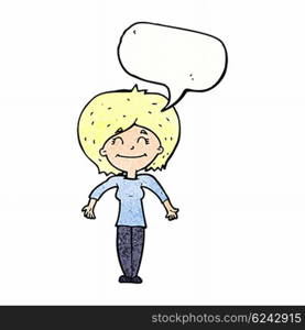 cartoon woman shrugging shoulders with speech bubble