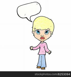 cartoon woman shrugging shoulders with speech bubble