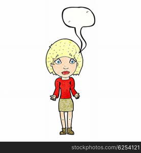 cartoon woman shrugging shoulders with speech bubble