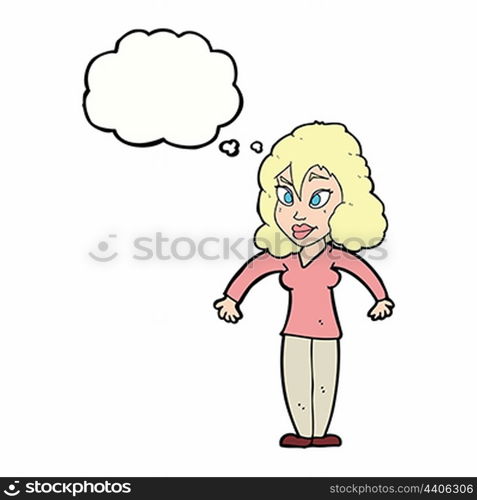 cartoon woman shrugging shoulders with thought bubble