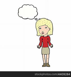 cartoon woman shrugging shoulders with thought bubble