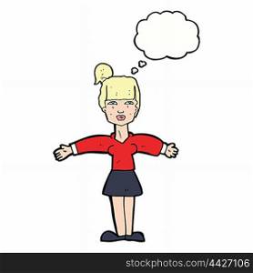 cartoon woman shrugging shoulders with thought bubble