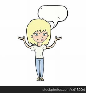 cartoon woman shrugging with speech bubble