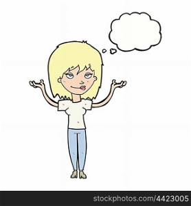 cartoon woman shrugging with thought bubble
