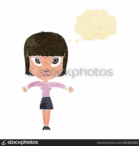 cartoon woman shrugging with thought bubble
