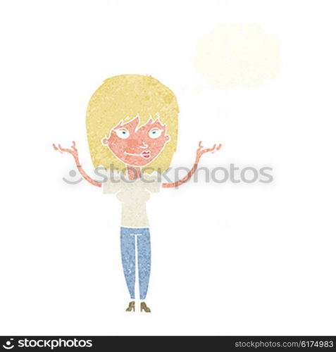 cartoon woman shrugging with thought bubble