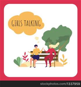 Cartoon Woman Sit on Park Bench. Girls Talking Outdoors Vector Illustration. Female Character Conversation, People Communication, Lady Chatting. Summer Day Outside. Friendship Gossip. Nature Leisure. Cartoon Woman Park Bench Girls Talking Outdoors