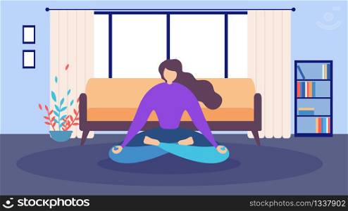 Cartoon Woman Sitting Eyes Closed at Home Meditation Vector Illustration. Mind Concentration, Calm Breathing. Girl Meditate on Floor Indoors. Living Room Interior. Mental Health Yoga Exercise. Cartoon Woman Sitting Eyes Closed Home Meditation
