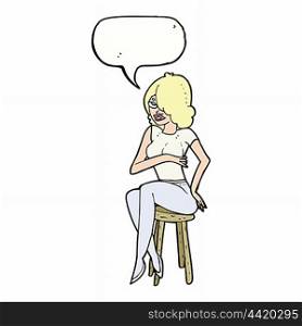 cartoon woman sitting on bar stool with speech bubble
