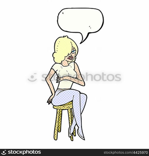 cartoon woman sitting on bar stool with speech bubble