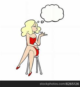 cartoon woman sitting on bar stool with thought bubble