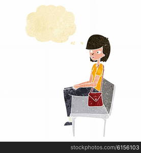 cartoon woman sitting on bench with thought bubble