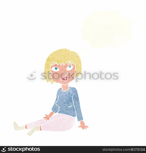 cartoon woman sitting on floor with thought bubble