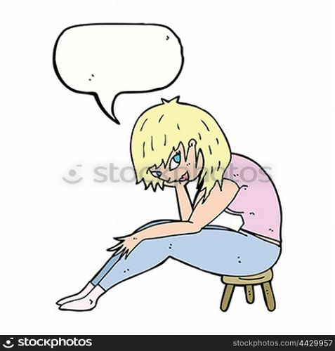 cartoon woman sitting on small stool with speech bubble