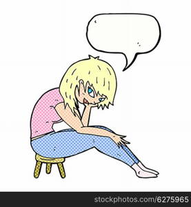 cartoon woman sitting on small stool with speech bubble