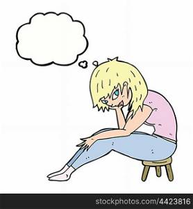cartoon woman sitting on small stool with thought bubble