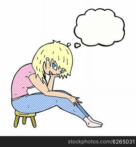 cartoon woman sitting on small stool with thought bubble