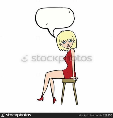 cartoon woman sitting on stool with speech bubble