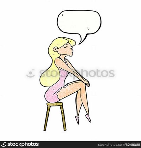 cartoon woman sitting on stool with speech bubble