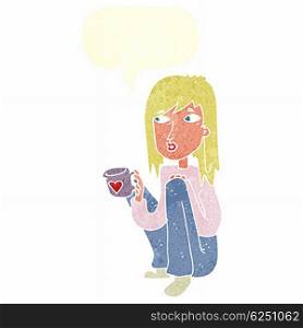 cartoon woman sitting with cup of coffee with speech bubble