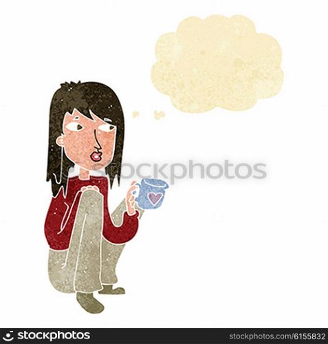 cartoon woman sitting with cup of coffee with thought bubble