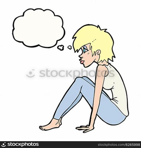 cartoon woman sitting with thought bubble
