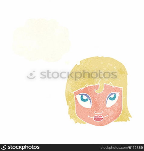 cartoon woman smiling with thought bubble