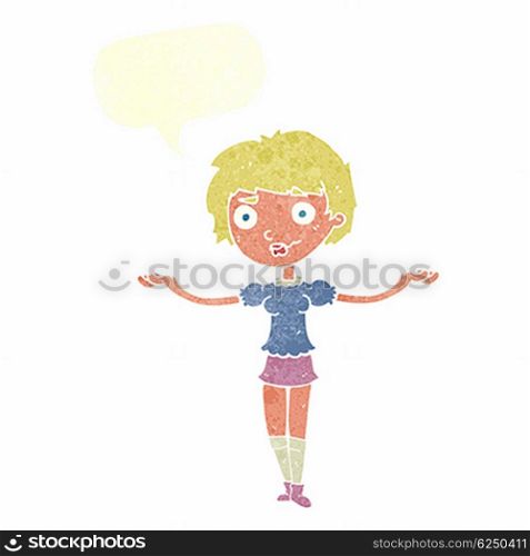 cartoon woman spreading arms with speech bubble