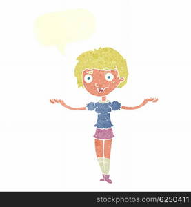 cartoon woman spreading arms with speech bubble