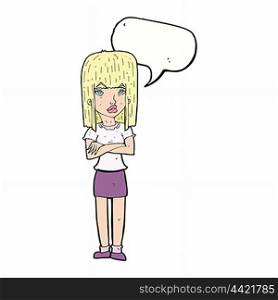 cartoon woman standing with speech bubble