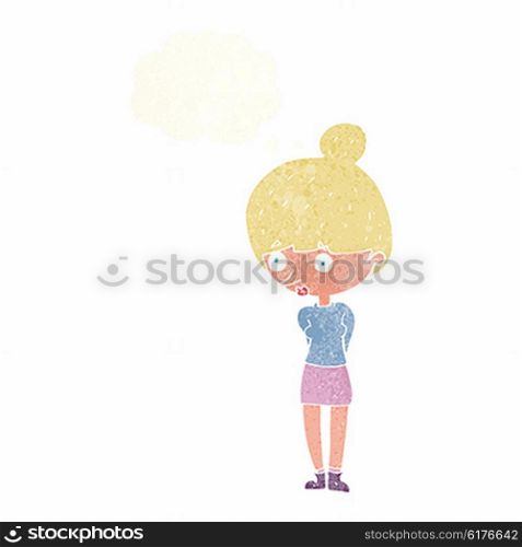 cartoon woman staring with thought bubble