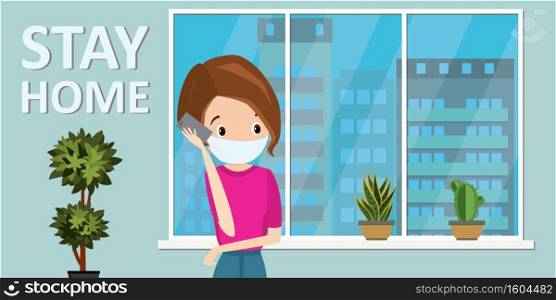 Cartoon woman stay at home, quarantine or self-isolation. Health care concept. Sick girl looks at window and speaks on smartphone. Global viral pandemic Covid-19. Flat vector illustration