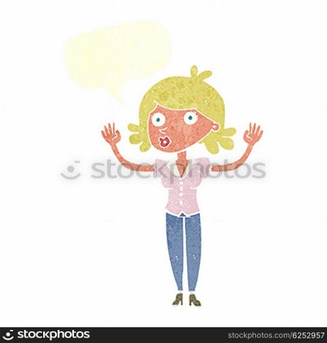 cartoon woman surrendering with speech bubble
