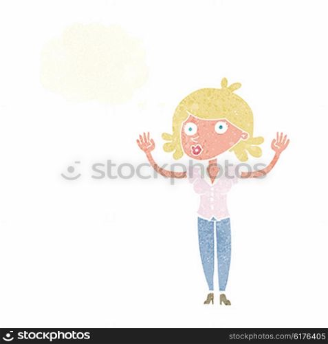 cartoon woman surrendering with thought bubble