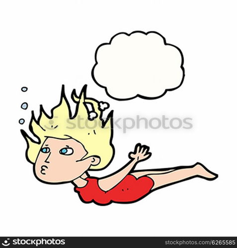 cartoon woman swimming underwater with thought bubble